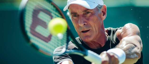 Un anciano se concentra ferozmente mientras juega al tenis, un testimonio de vitalidad y envejecimiento activo.