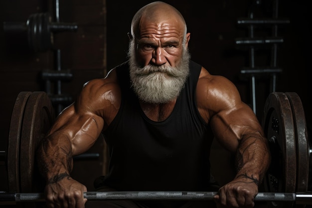 Un anciano de constitución atlética en el gimnasio