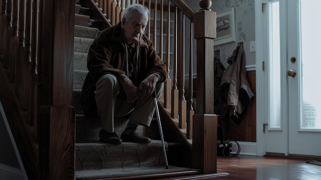 Un anciano contemplativo y cansado se sienta en las escaleras con su bastón reflejando el paso de la vida