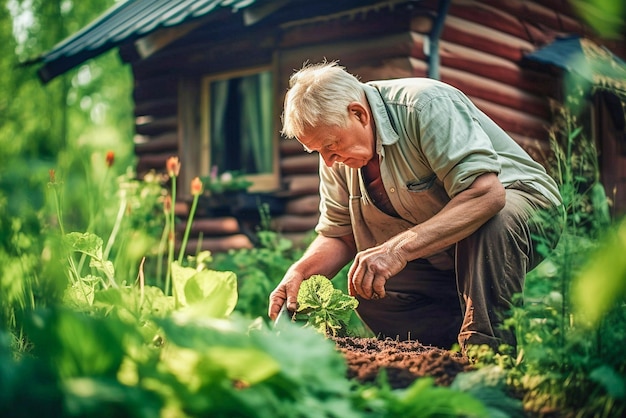 Un anciano cuida las plantas y recoge las malezas en su jardín cerca de su casa