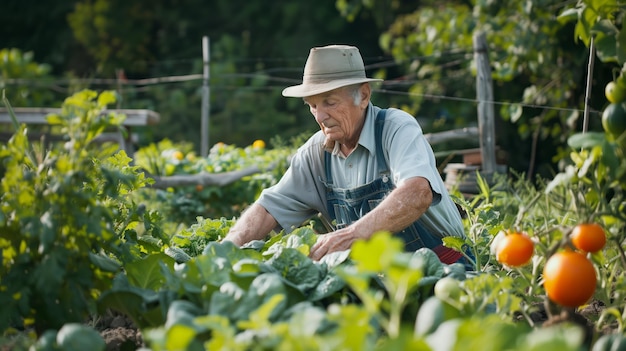 Un anciano cuidando su huerto