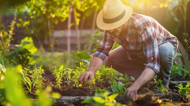 un anciano cuidando de su jardín