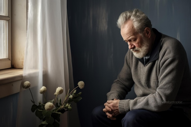 Un anciano deprimido en cuarentena en casa sufre de soledad.