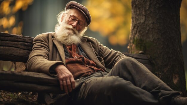 El anciano descansa en el banco.