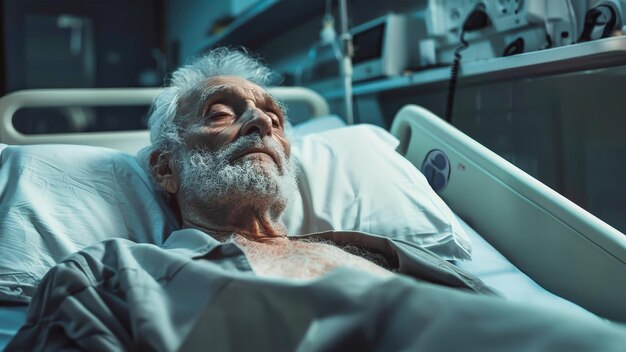 Un anciano descansa pacíficamente en una cama de hospital rodeado de luz suave y sombras reconfortantes