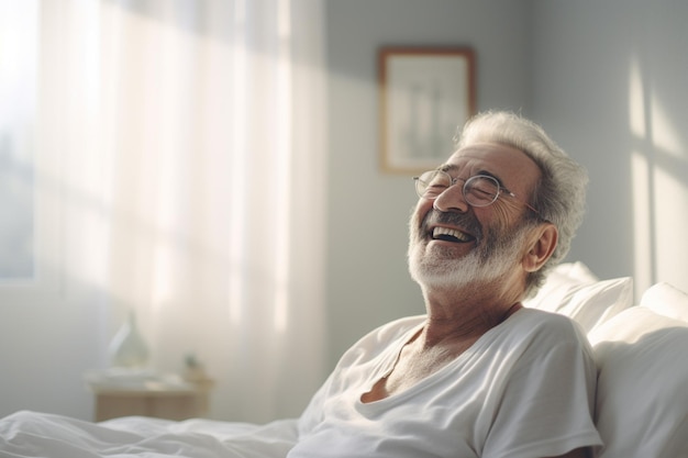 Un anciano se despierta felizmente en un dormitorio blanco por la mañana