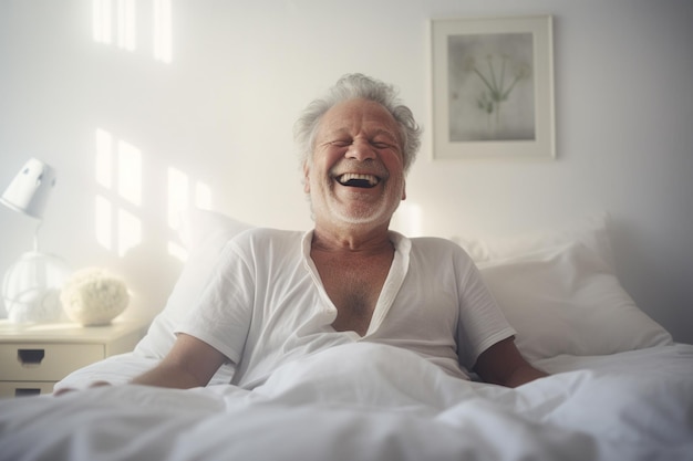 Un anciano se despierta felizmente en un dormitorio blanco por la mañana