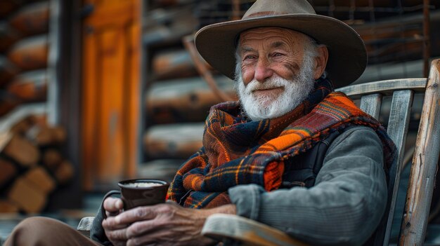 El anciano disfrutando del café en el banco