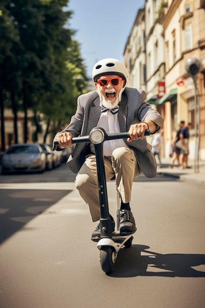 anciano divertido montando una patineta