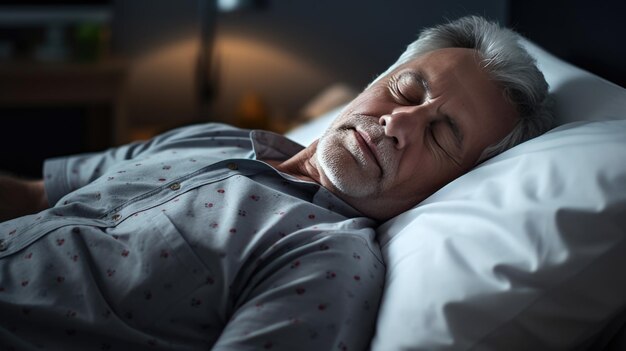 El anciano duerme en una cama en casa.