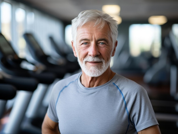 Anciano entrenando en gimnasio Estilo de vida saludable para personas mayores con concepto de deporte y fitness Ilustración generativa de Ai