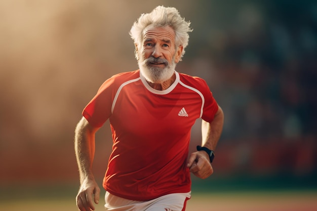 El anciano es un jugador de fútbol el abuelo está corriendo en un traje deportivo rojo generado por IA