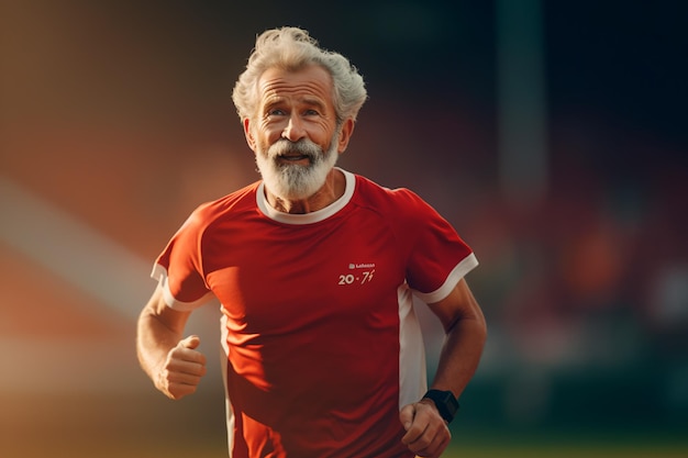 El anciano es un jugador de fútbol el abuelo está corriendo en un traje deportivo rojo generado por IA