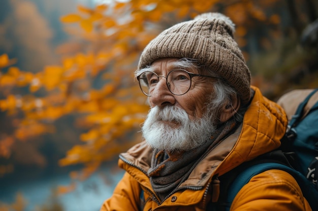 Un anciano es un viajero con una mochila en el otoño en el bosque