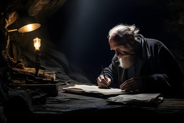 Anciano escribiendo su diario de memorias en una cueva oscura