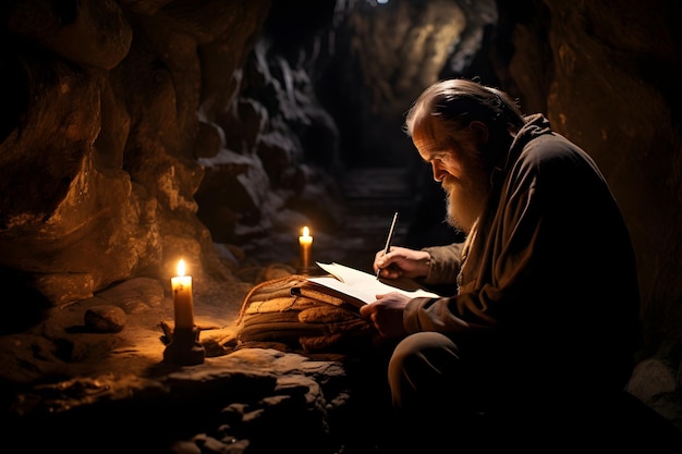 Anciano escribiendo su diario de memorias en una cueva oscura