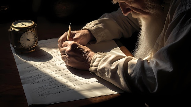 un anciano está escribiendo una novela