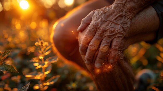 El anciano está sosteniendo la rodilla de su pierna o sufriendo dolor mientras hace ejercicio en el patio trasero el concepto es lesión en la rodilla y dolor en la pierna la foto fue tomada por la mañana