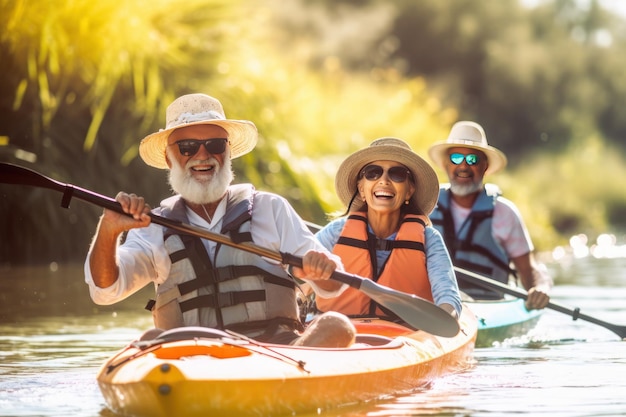 Un anciano con familias de amigos haciendo kayak en el agua generada por ai