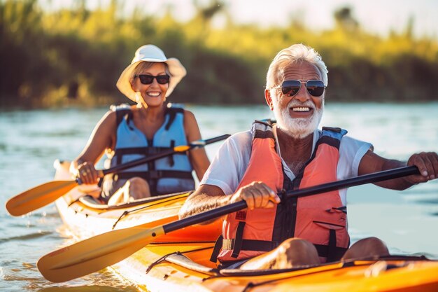 Un anciano con familias de amigos haciendo kayak en el agua generada por ai