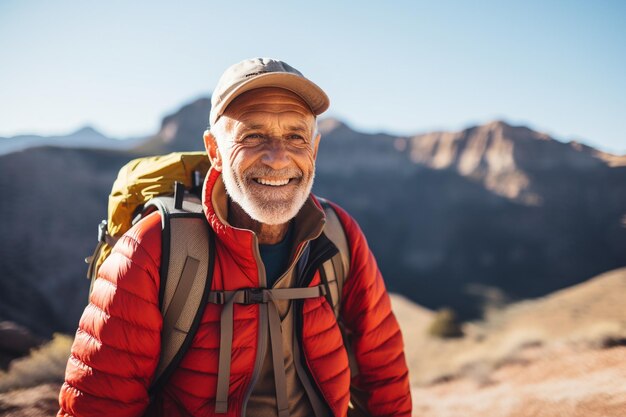 Un anciano feliz caminando por las montañas está sonriendo y mirando a la cámara.