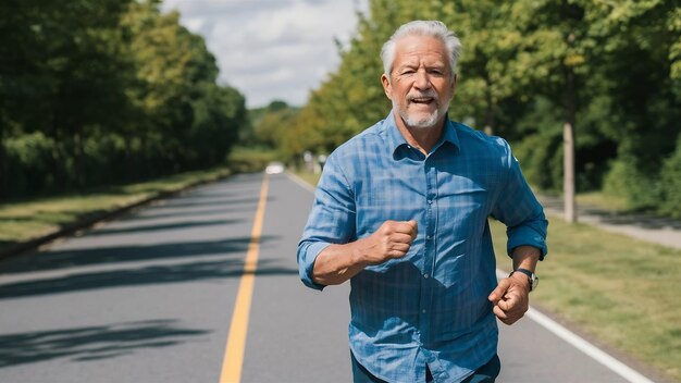 El anciano feliz corriendo por la carretera