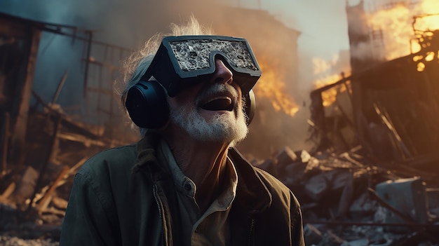 Un anciano feliz experimenta la realidad virtual ciego a la realidad de la destrucción, los incendios y la descomposición.