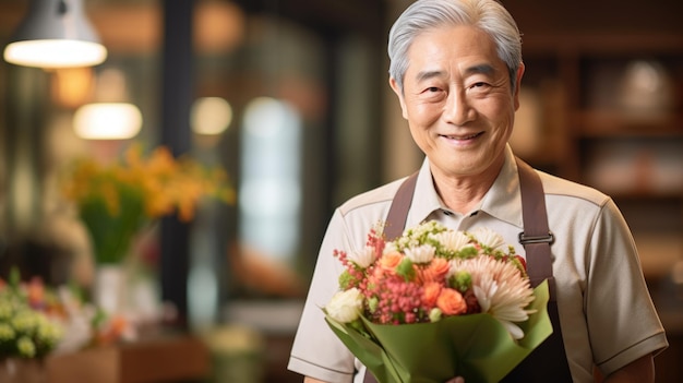 Un anciano feliz sostiene un ramo de flores en sus manos.