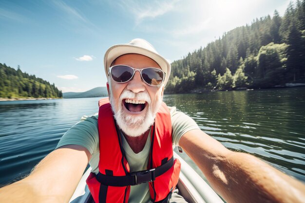 Un anciano feliz tomando una selfie en vacaciones estilo de vida de ancianos y concepto de deporte extremo