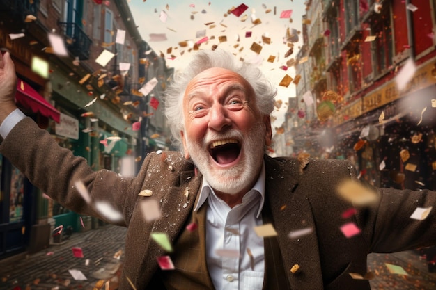 Foto un anciano feliz con vestimenta festiva expresa sus emociones mientras le vuelan confeti