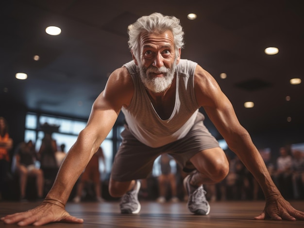 Anciano flexiona el entrenamiento en el gimnasio Vida sana con concepto de deporte y fitness Ilustración generativa de Ai