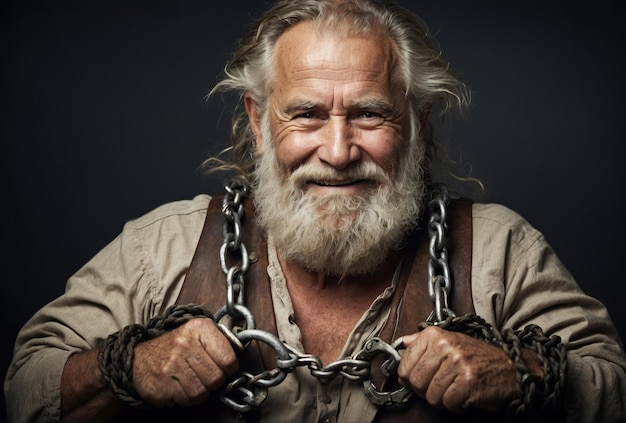 Foto anciano fuerte y musculoso rompiendo cadenas generadas por ia