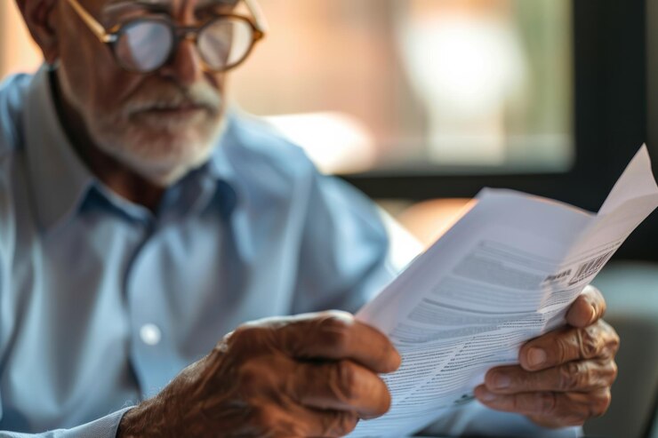 Un anciano con gafas se centró en la lectura de documentos iluminados por la luz natural en un entorno sereno