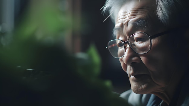 Un anciano con gafas mira una planta.