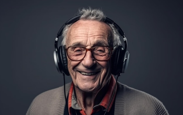 Anciano con gafas vr y sonriendo