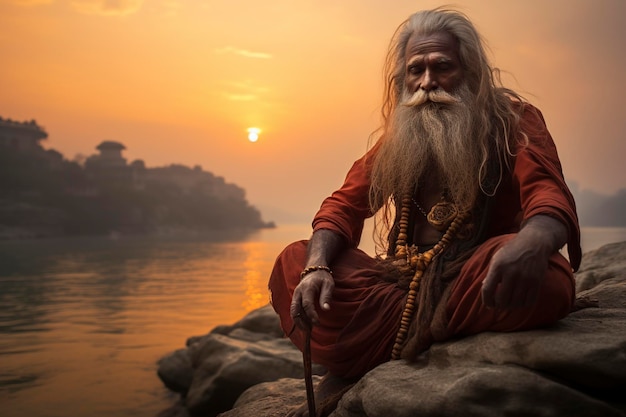 un anciano hindú religioso sentado en una roca en el río meditando y orando