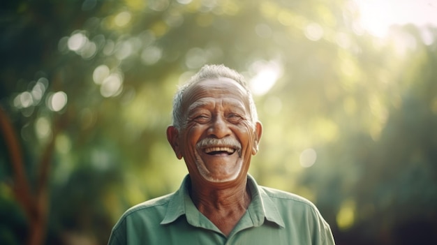 Un anciano hispano aislado sobre un fondo verde bosque mostrando una carcajada que muestra momentos de euforia