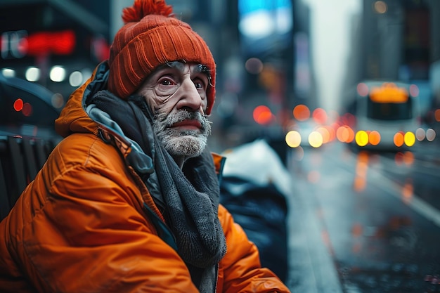 Foto un anciano sin hogar con una chaqueta naranja en la carretera