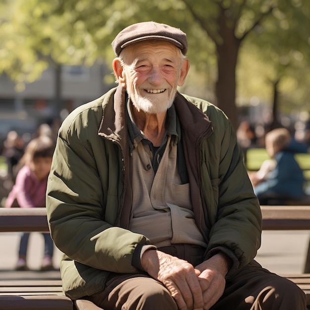 un anciano sin hogar ocupa un banco del parque rodeado de familias que abrazan la calidez de un sol