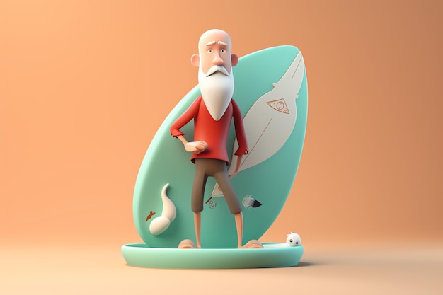 Anciano con ilustración 3d de tabla de surf