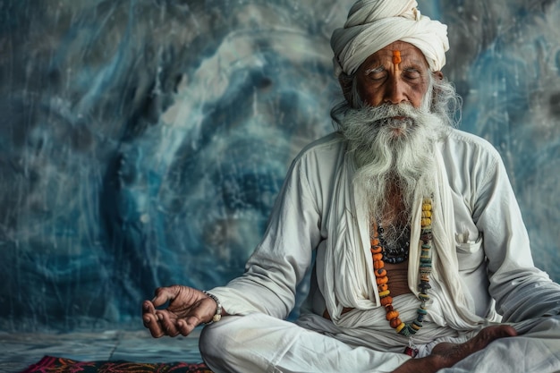 Foto un anciano indio medita con un yogi en la posición del loto
