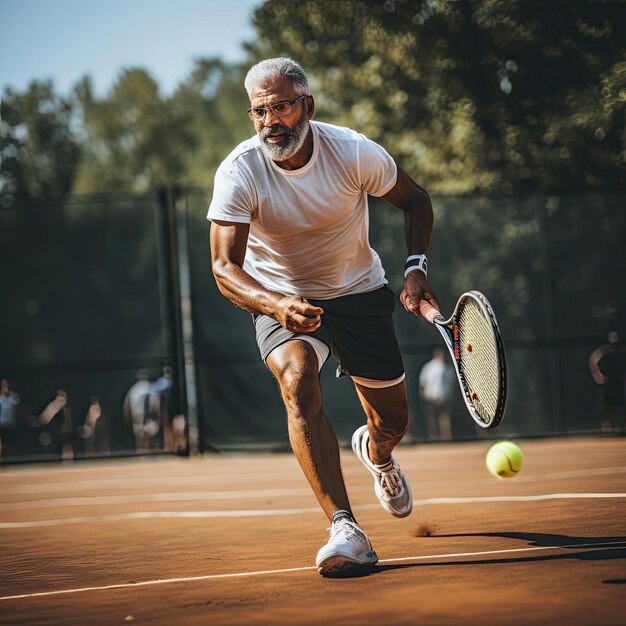 Anciano intentando golpear una pelota de tenis