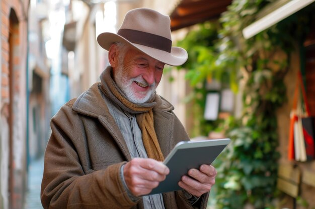 Un anciano italiano abrazando la tecnología con una tableta