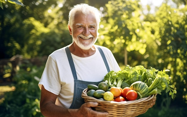 Anciano jardinero senior con una cesta de verduras frescas en el patio trasero Concepto de cosecha de otoño