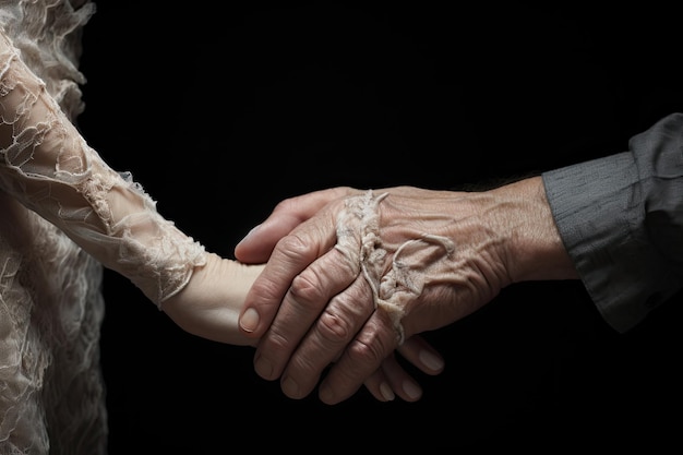 Foto un anciano y un joven tomados de la mano.