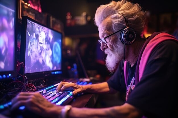 anciano, un jugador profesional en una pequeña habitación con iluminación RGB, IA generativa