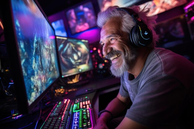 anciano, un jugador profesional en una pequeña habitación con iluminación RGB, IA generativa