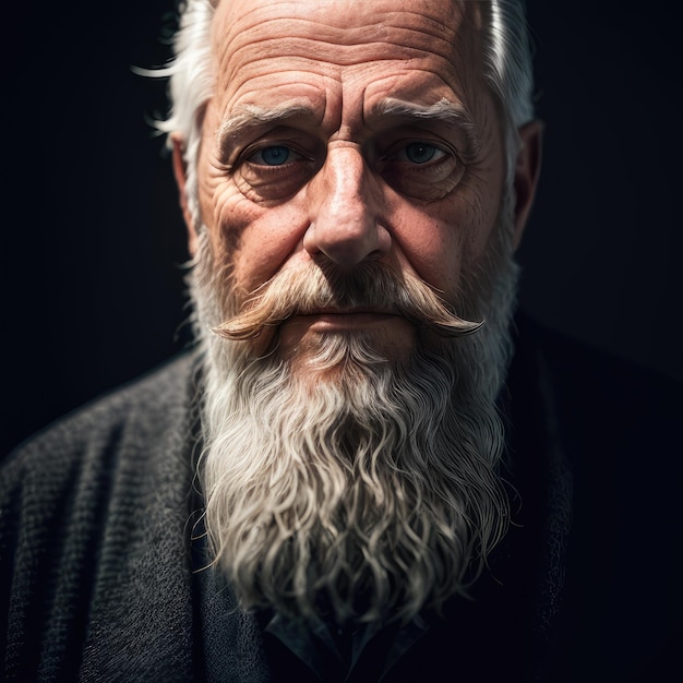 Un anciano con una larga barba blanca y ojos azules mira a la cámara.