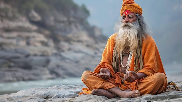 Foto un anciano con una larga barba blanca y con una túnica naranja está sentado en una roca en un río tiene los ojos cerrados y está meditando