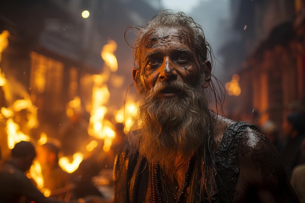 un anciano con una larga barba parado frente al fuego